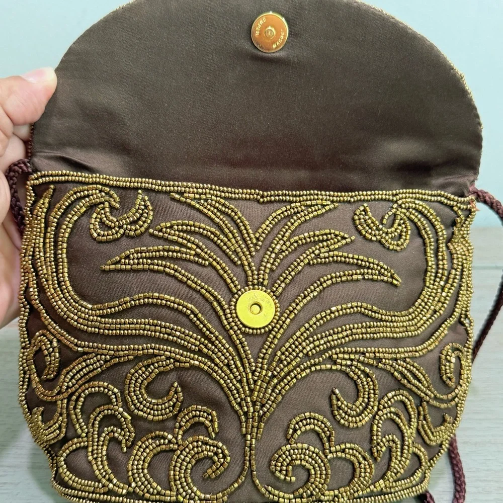 Vintage Walbaeg Beaded Brown Satin Evening Bag Dressy Formal Purse Crossbody‎